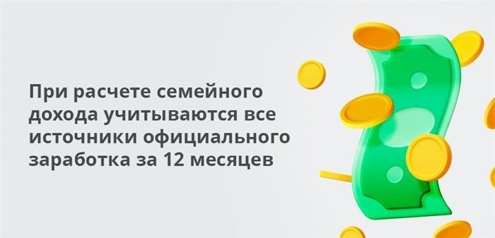 При проведении анализа доходов семьи учитываются все источники официального заработка, полученные за последние 12 месяцев.