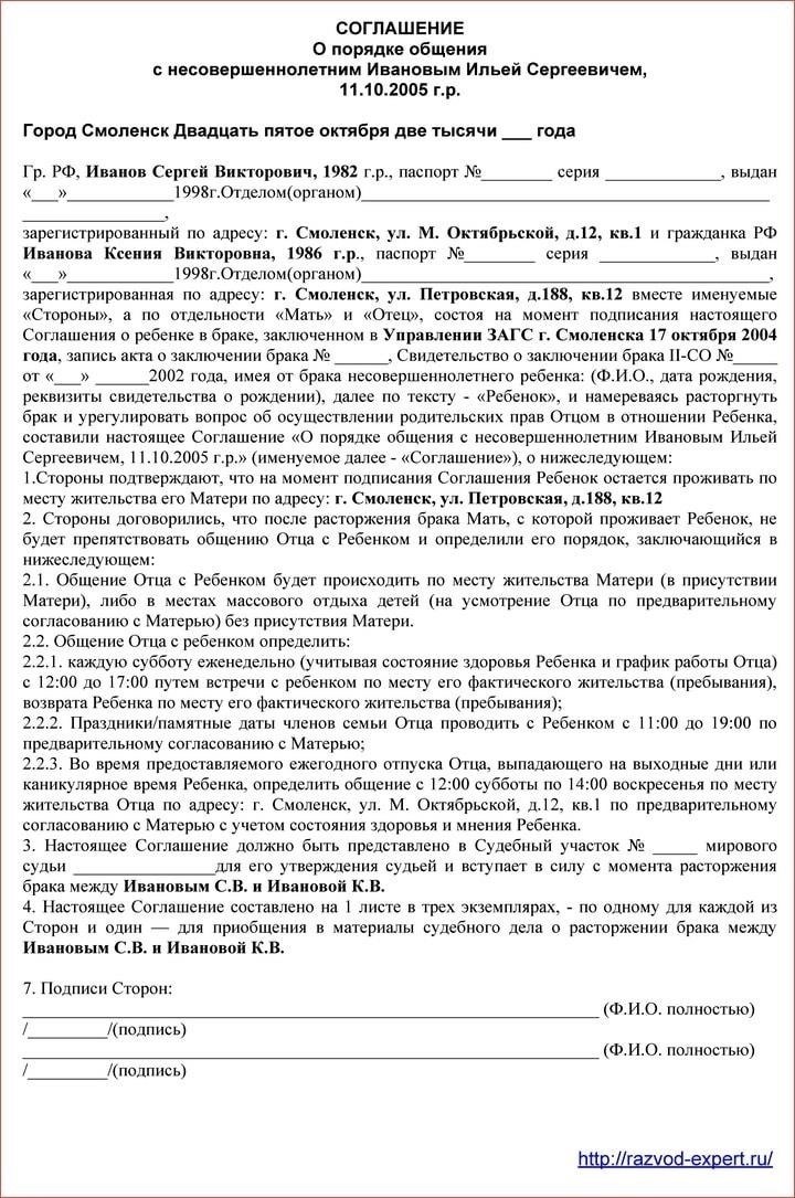 Образец ходатайства об определении графика посещений ребенка