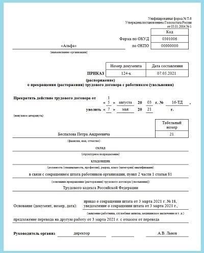 Издание приказа об увольнении сотрудника по сокращению штата